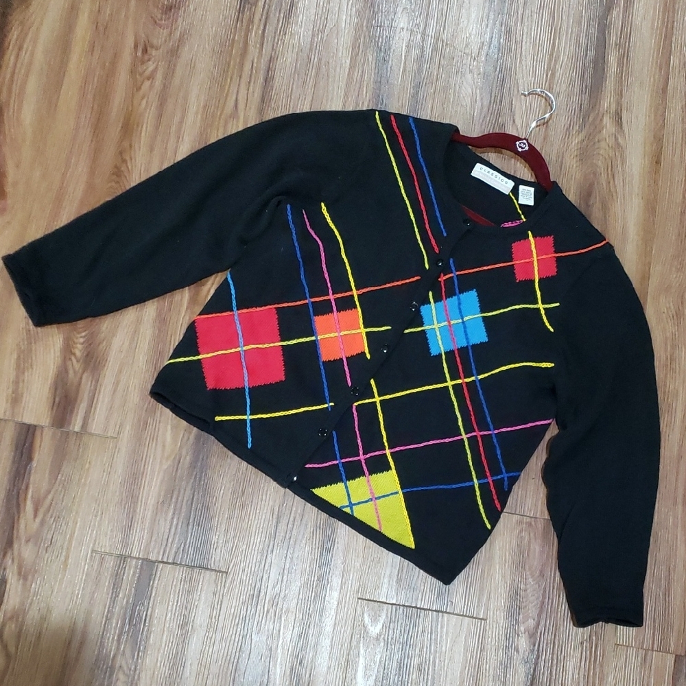 Marisa Christina Classics Black and Red Cardigan with Vibrant Geometric Design